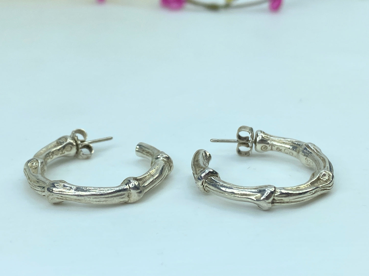 Tiffany & Co Sterling Silver textured Bamboo Earrings Hoops 1 1/8" JR750