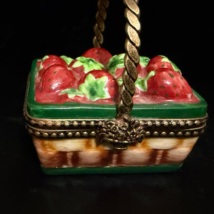 Delightful Strawberry Basket Limoges Box, Hand-Painted with Handle A783