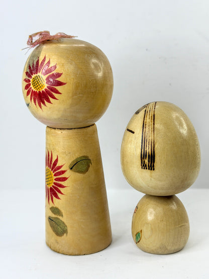 Vintage Japanese Kokeshi Doll Pair Hand Painted Floral Wood Figures A1220