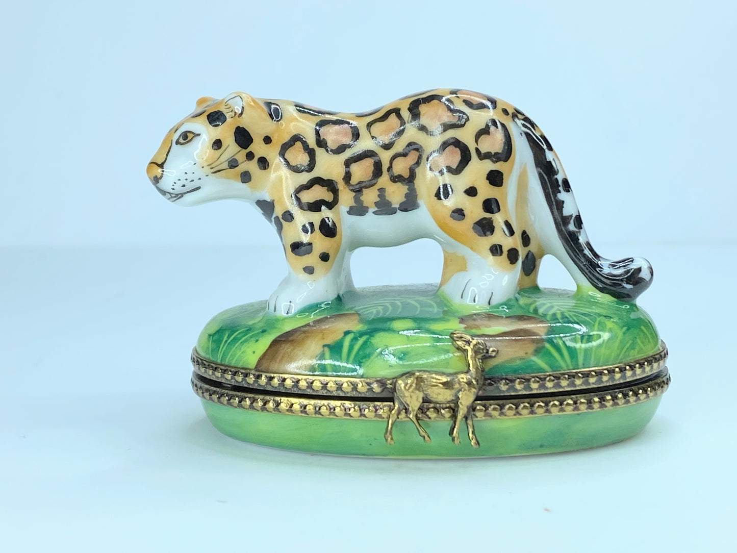 Limoges France Rochard Leopard (Cub) on pasture hinged trinket box A50