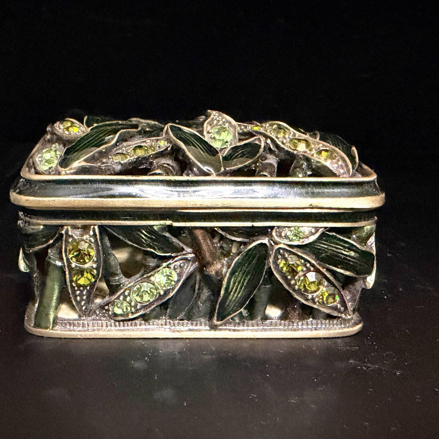 Artisan Jeweled Metal Trinket Box Green Enamel Leaves Crystal Accents A799