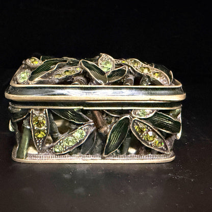 Artisan Jeweled Metal Trinket Box Green Enamel Leaves Crystal Accents A799
