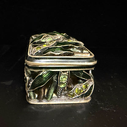Artisan Jeweled Metal Trinket Box Green Enamel Leaves Crystal Accents A799