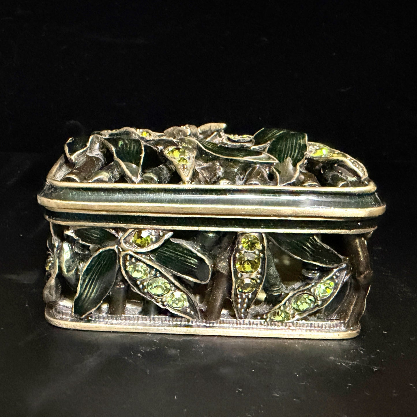Artisan Jeweled Metal Trinket Box Green Enamel Leaves Crystal Accents A799