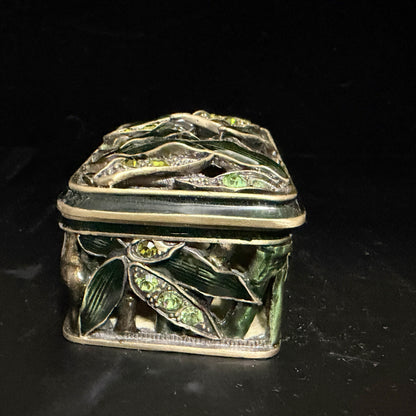 Artisan Jeweled Metal Trinket Box Green Enamel Leaves Crystal Accents A799