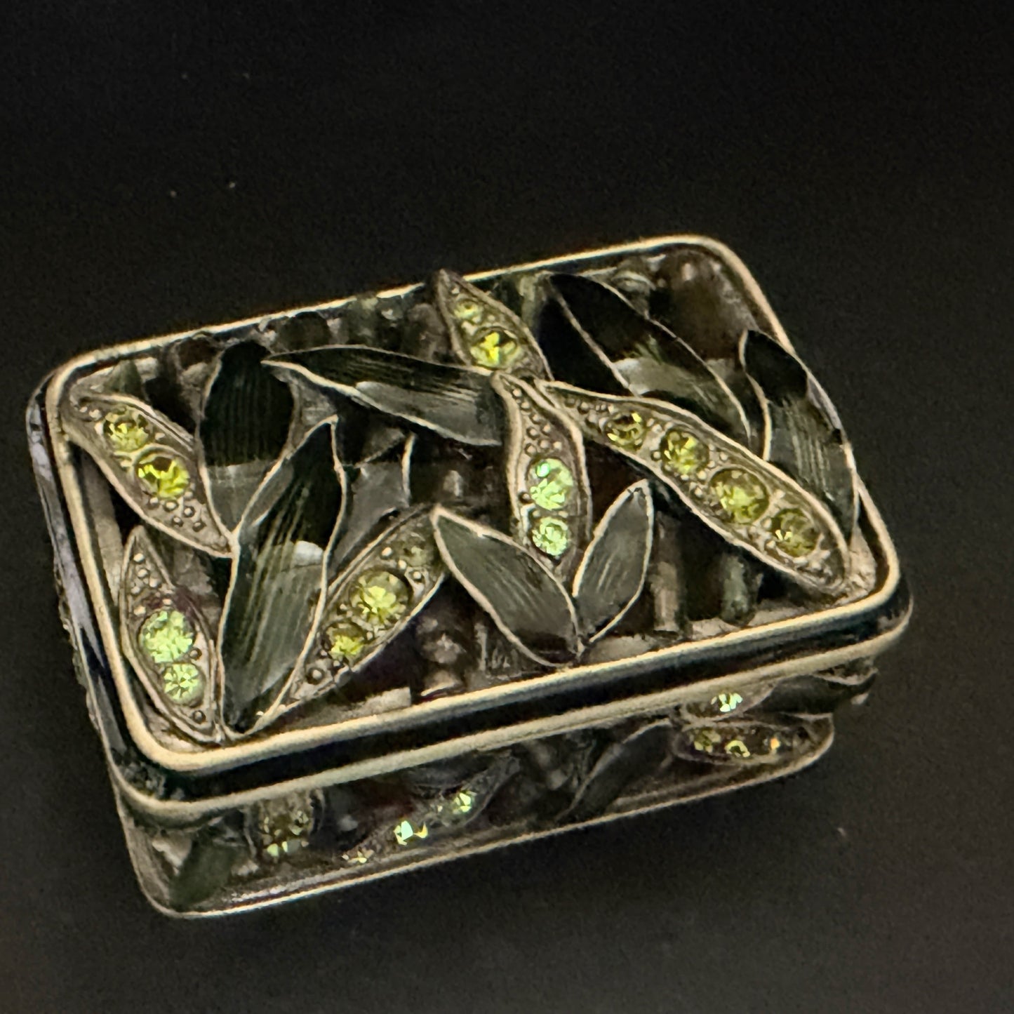 Artisan Jeweled Metal Trinket Box Green Enamel Leaves Crystal Accents A799
