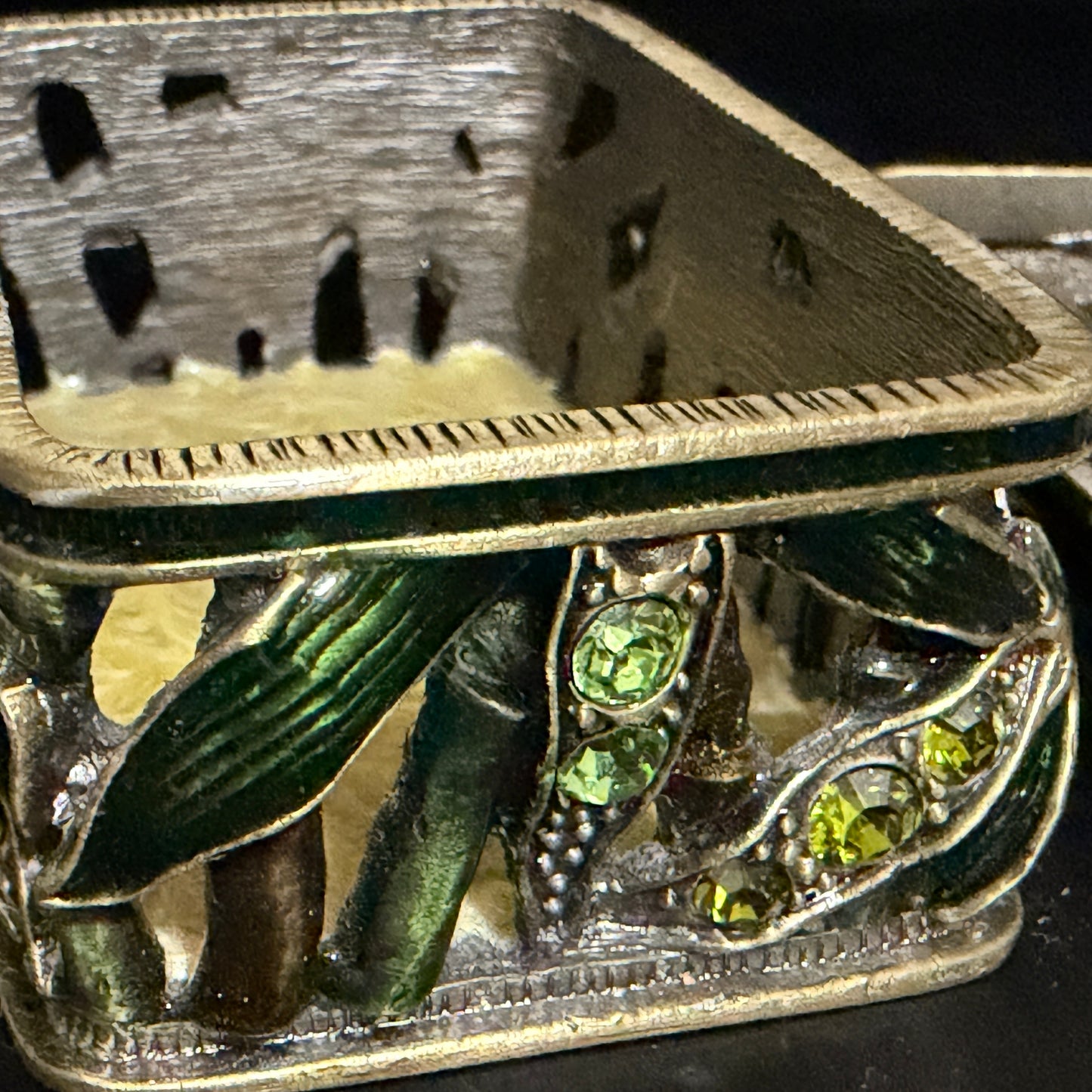 Artisan Jeweled Metal Trinket Box Green Enamel Leaves Crystal Accents A799