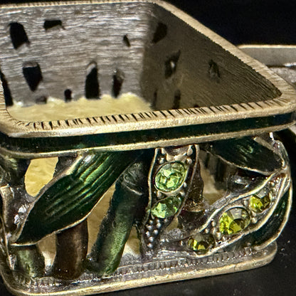 Artisan Jeweled Metal Trinket Box Green Enamel Leaves Crystal Accents A799
