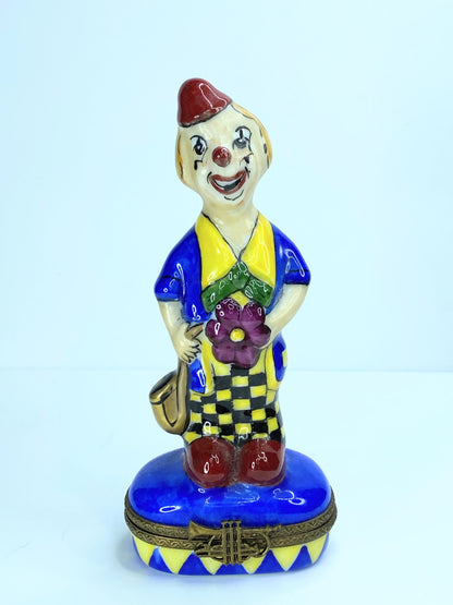 Limoges JD Jester clown holding Flower and Flute trinket A55