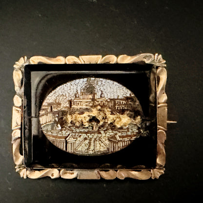 Antique Micro Mosaic Scenic Brooch Rectangular Silver Tone Pin (damaged) JR1296