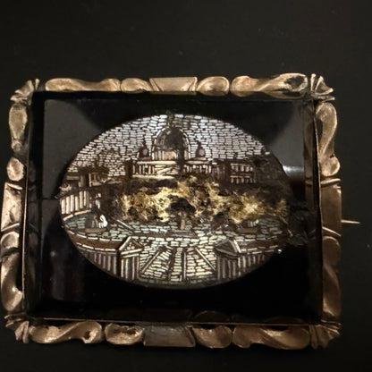 Antique Micro Mosaic Scenic Brooch Rectangular Silver Tone Pin (damaged) JR1296