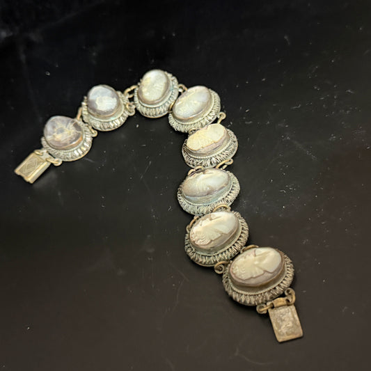 Art Deco Mother of Pearl Cameo Bracelet 900 Silver Filigree Panels 7 7/8”