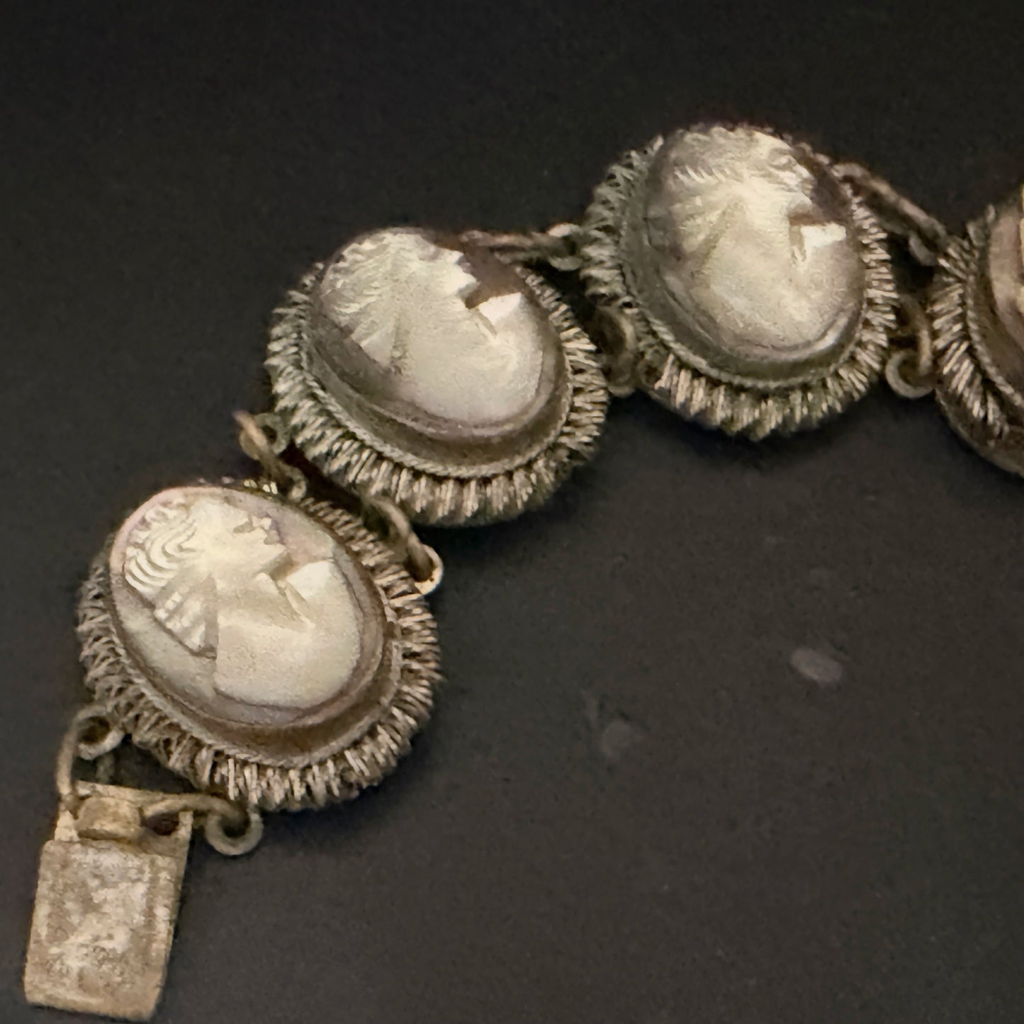 Art Deco Mother of Pearl Cameo Bracelet 900 Silver Filigree Panels 7 7/8”