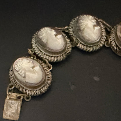 Art Deco Mother of Pearl Cameo Bracelet 900 Silver Filigree Panels 7 7/8”