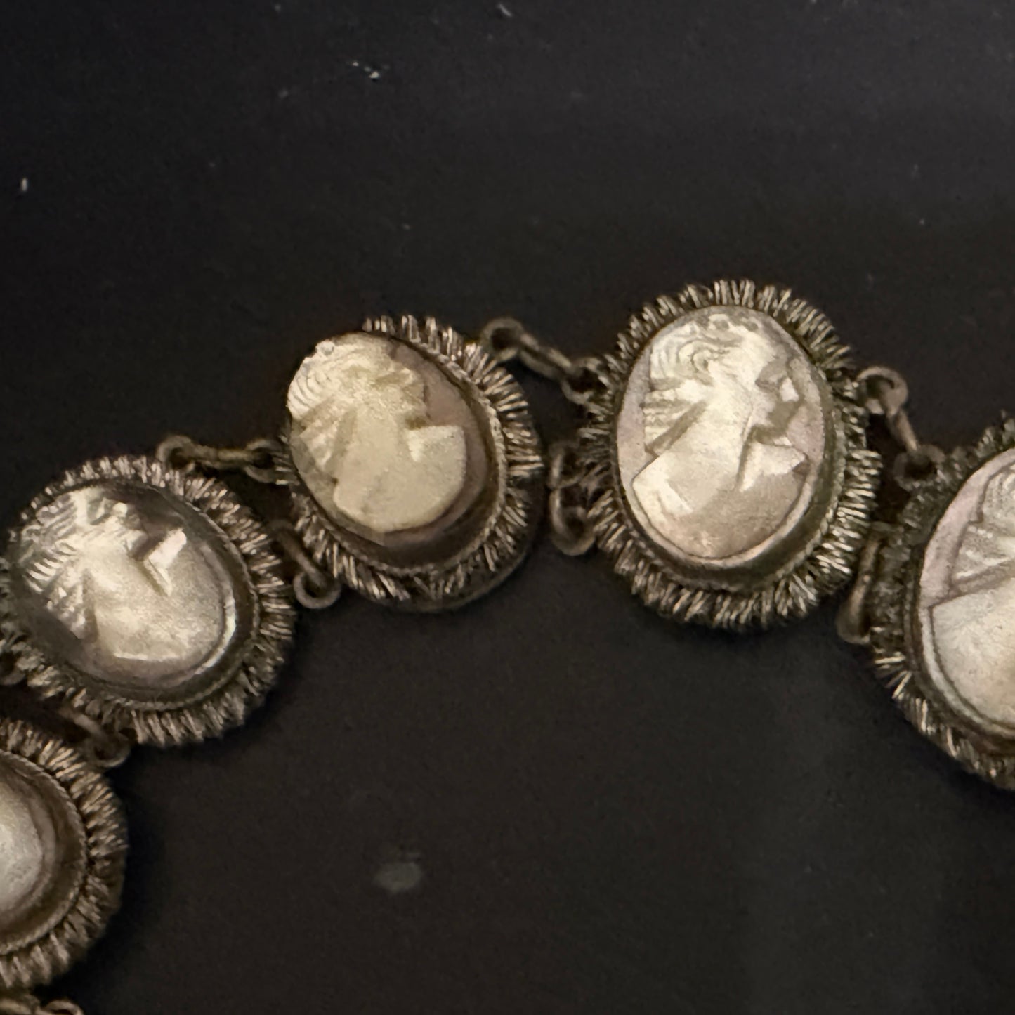 Art Deco Mother of Pearl Cameo Bracelet 900 Silver Filigree Panels 7 7/8”