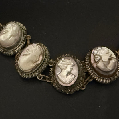 Art Deco Mother of Pearl Cameo Bracelet 900 Silver Filigree Panels 7 7/8”
