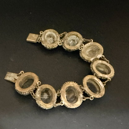 Art Deco Mother of Pearl Cameo Bracelet 900 Silver Filigree Panels 7 7/8”