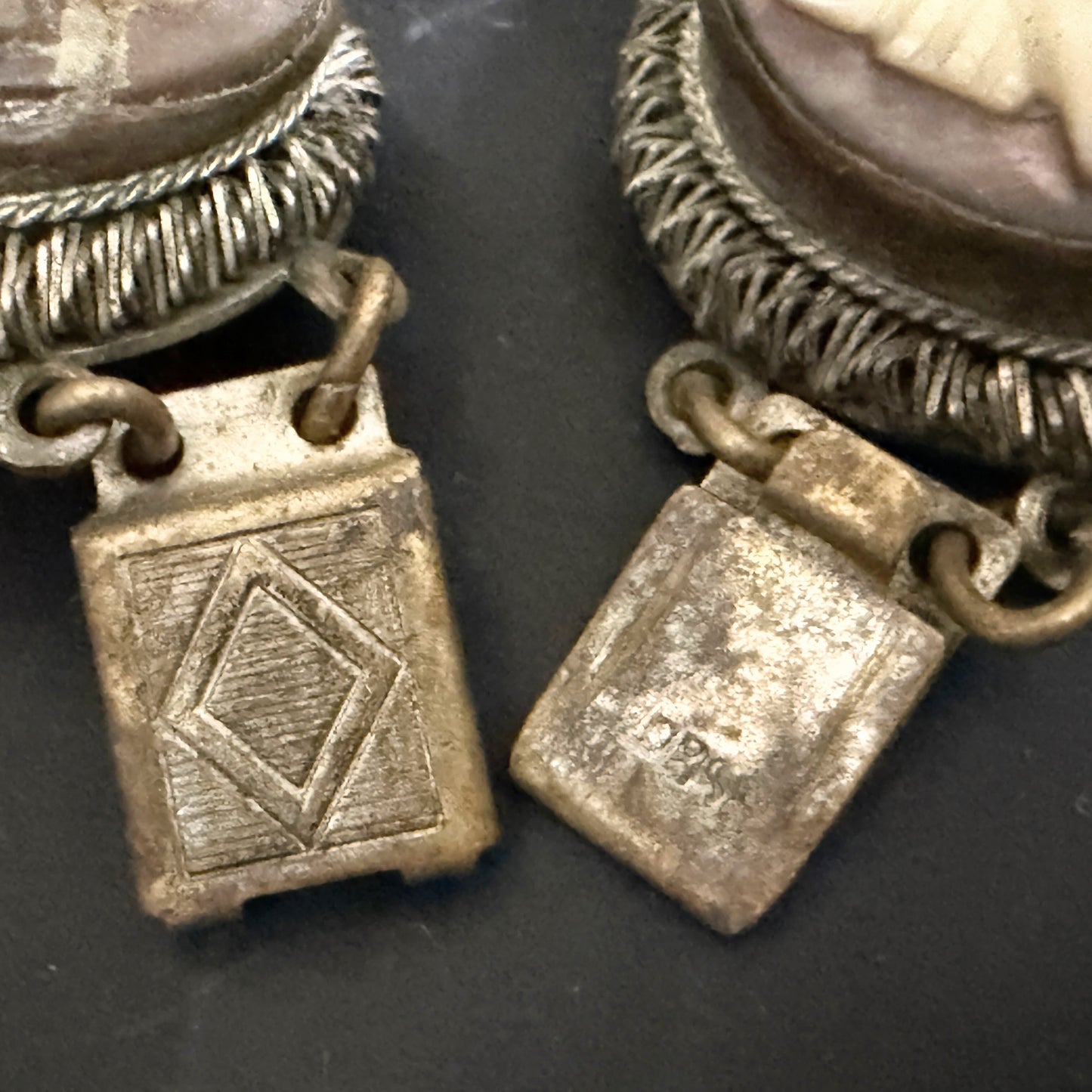 Art Deco Mother of Pearl Cameo Bracelet 900 Silver Filigree Panels 7 7/8”