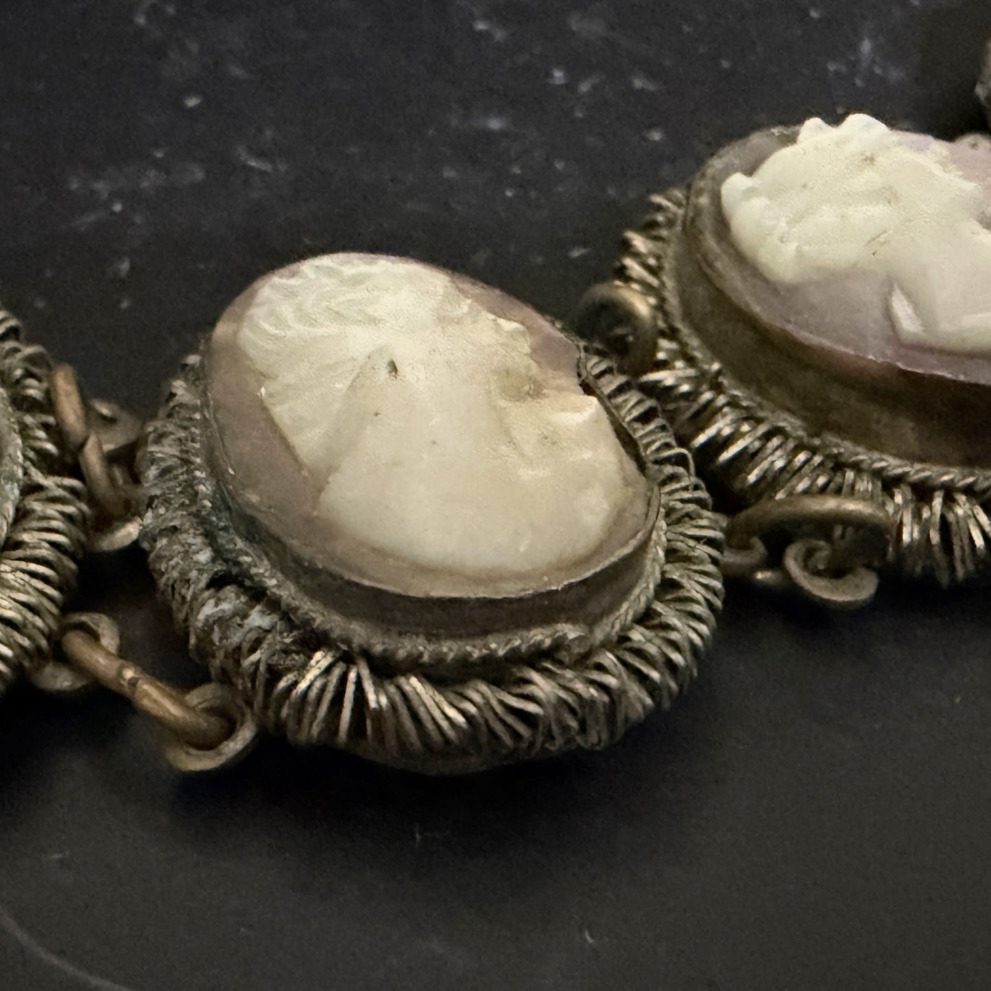 Art Deco Mother of Pearl Cameo Bracelet 900 Silver Filigree Panels 7 7/8”