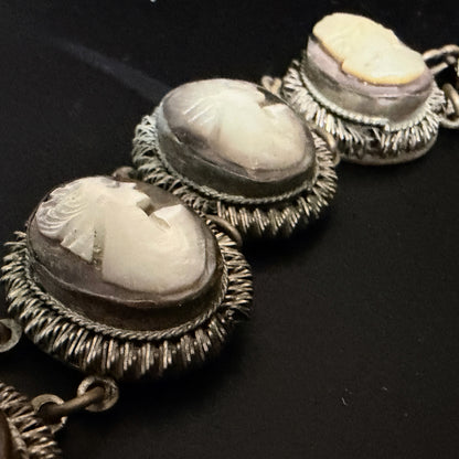 Art Deco Mother of Pearl Cameo Bracelet 900 Silver Filigree Panels 7 7/8”