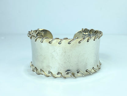 Signed Sterling Silver Wire Stitched concave wide cuff bangle 6.75" 41.8g JR794
