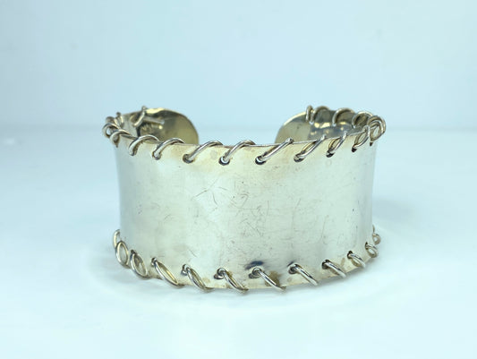 Signed Sterling Silver Wire Stitched concave wide cuff bangle 6.75" 41.8g JR794