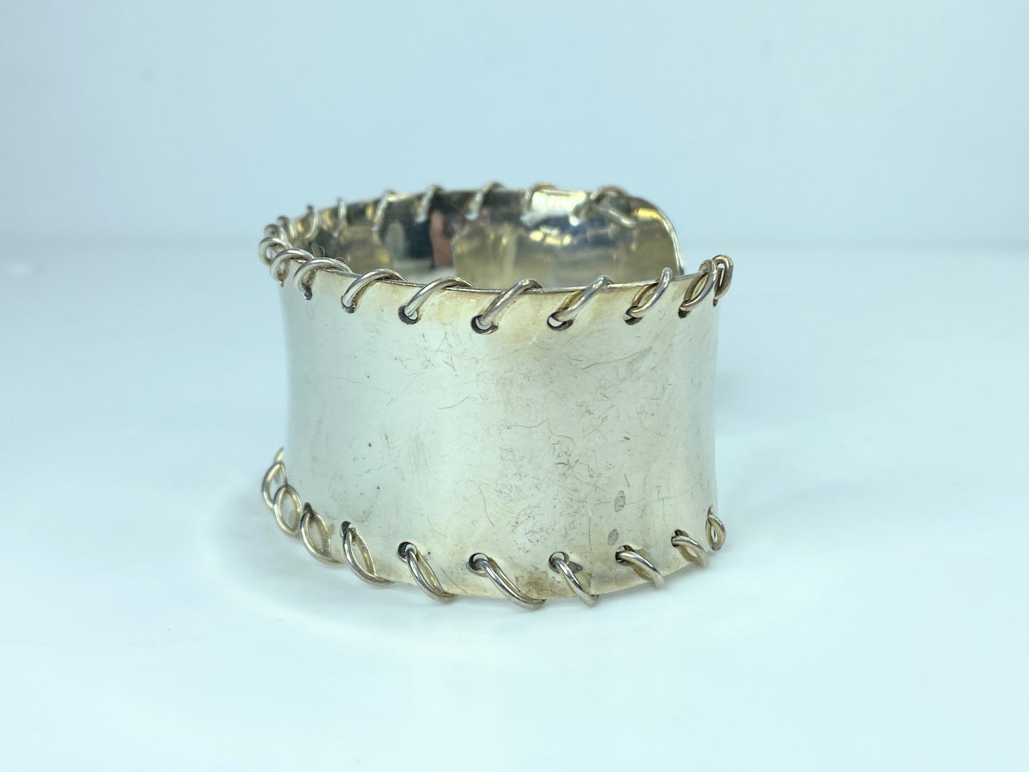 Signed Sterling Silver Wire Stitched concave wide cuff bangle 6.75" 41.8g JR794