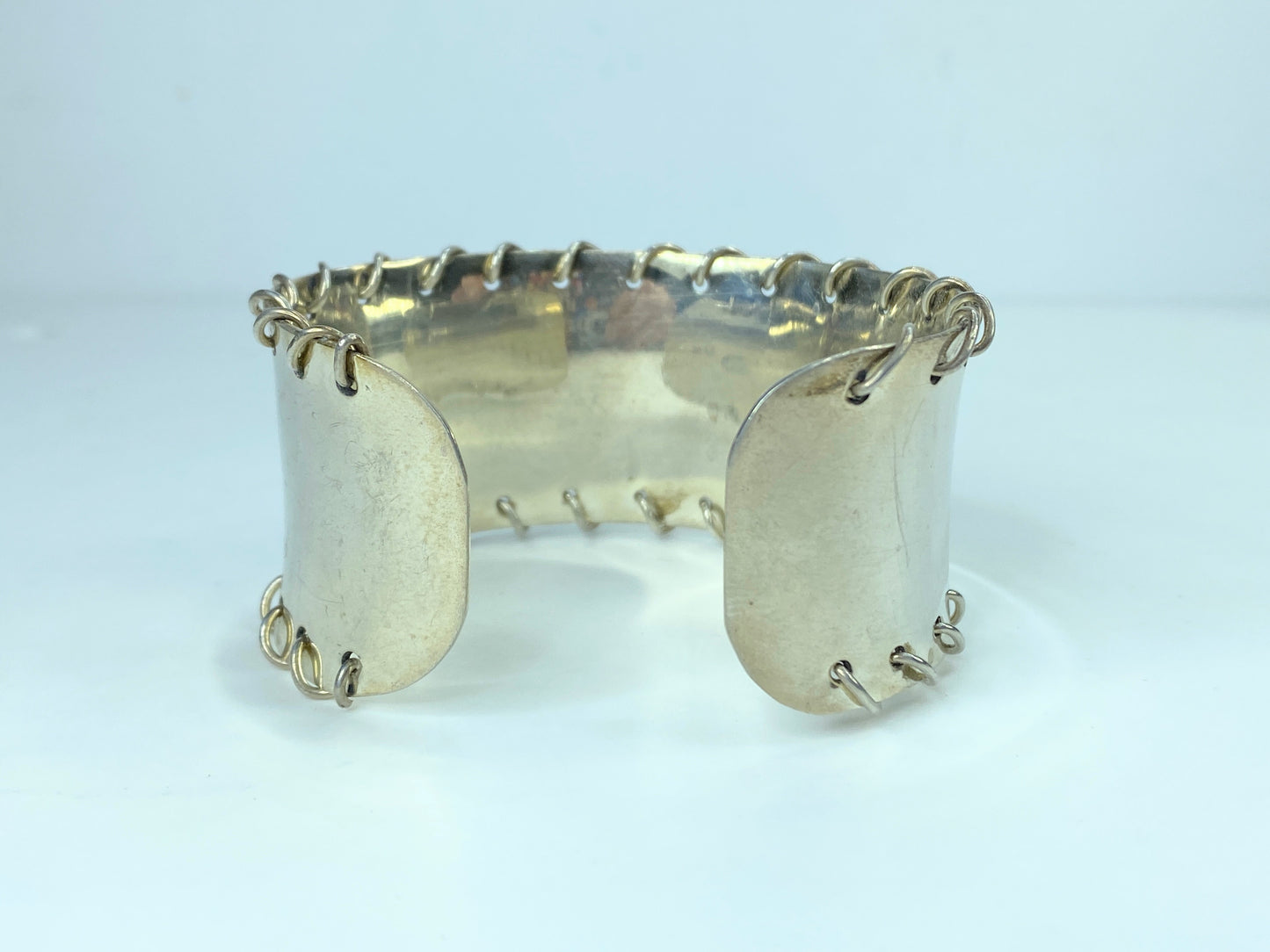 Signed Sterling Silver Wire Stitched concave wide cuff bangle 6.75" 41.8g JR794