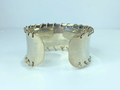 Signed Sterling Silver Wire Stitched concave wide cuff bangle 6.75" 41.8g JR794