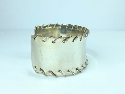 Signed Sterling Silver Wire Stitched concave wide cuff bangle 6.75" 41.8g JR794