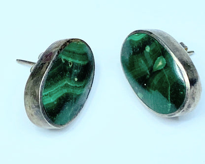 Sterling Silver Oval Malachite Stud Earrings JR8990