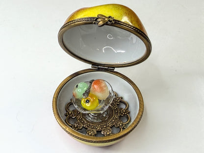 Vintage Limoges France Peint Main Peach Fruit Trinket Box Glass Compote A1187