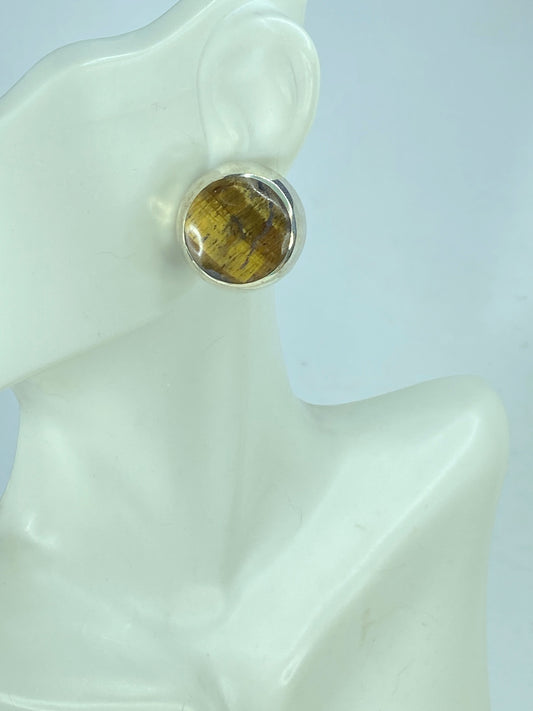 Sterling silver 925 Tiger Eye Button stud earrings Mexico 20.6mm 17.5g JR801
