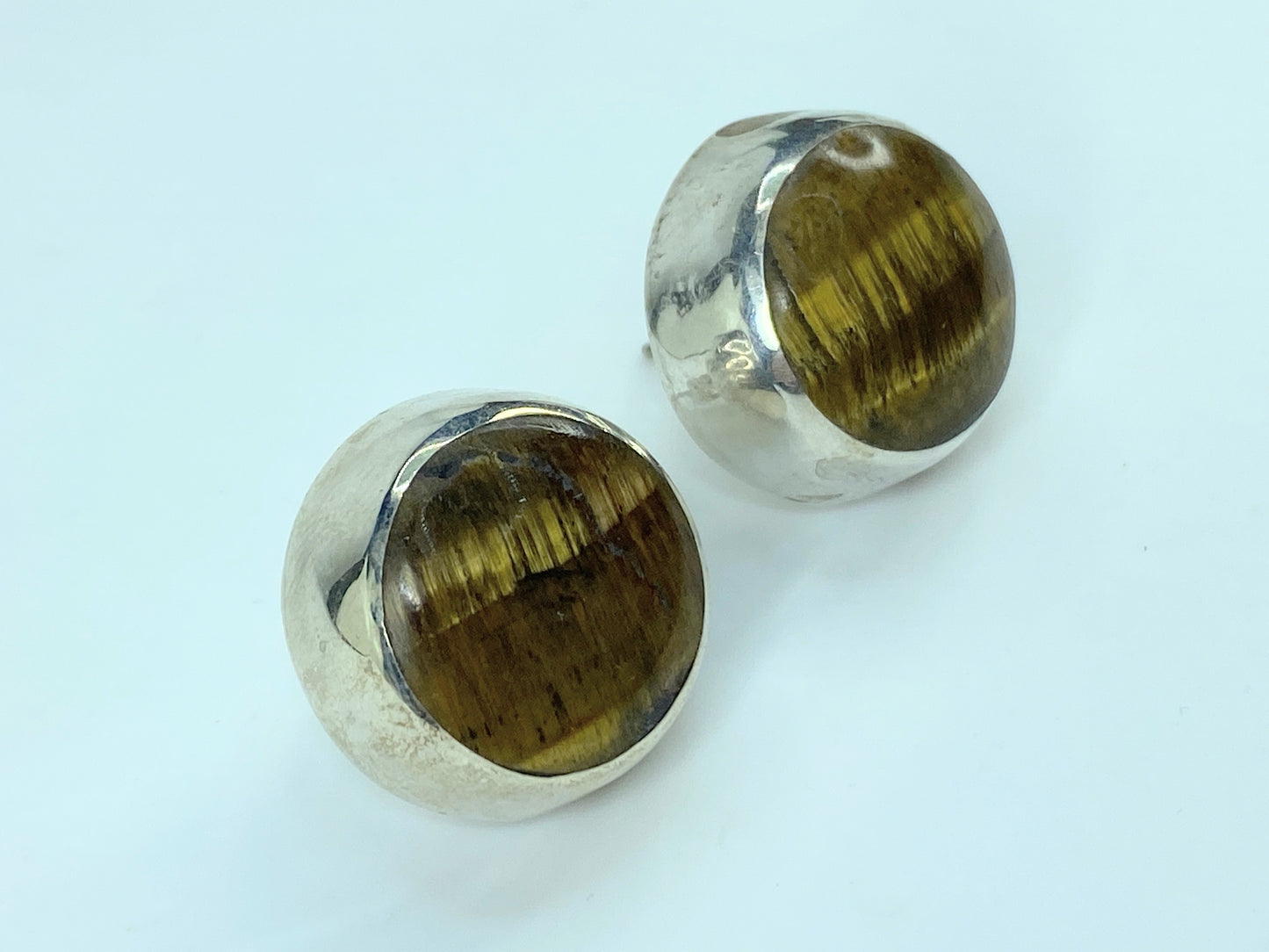Sterling silver 925 Tiger Eye Button stud earrings Mexico 20.6mm 17.5g JR801