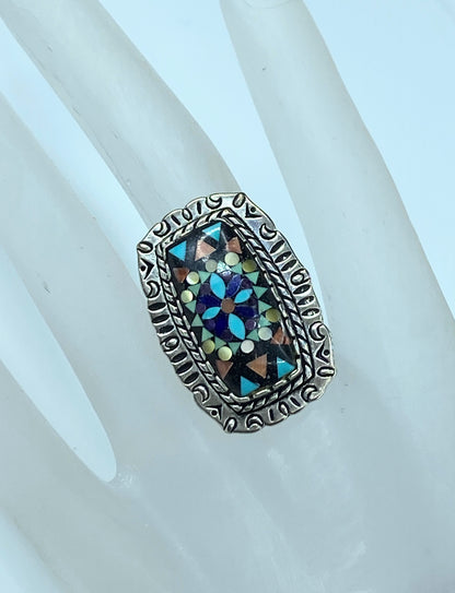 Navajo Indian Silver Colored Stone Inlay Ring signed JR8988