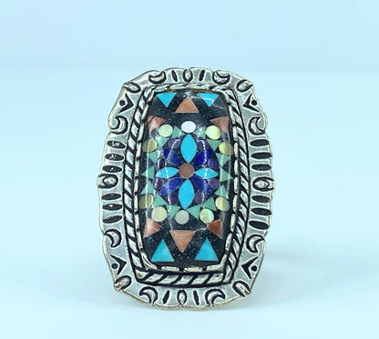 Navajo Indian Silver Colored Stone Inlay Ring signed JR8988