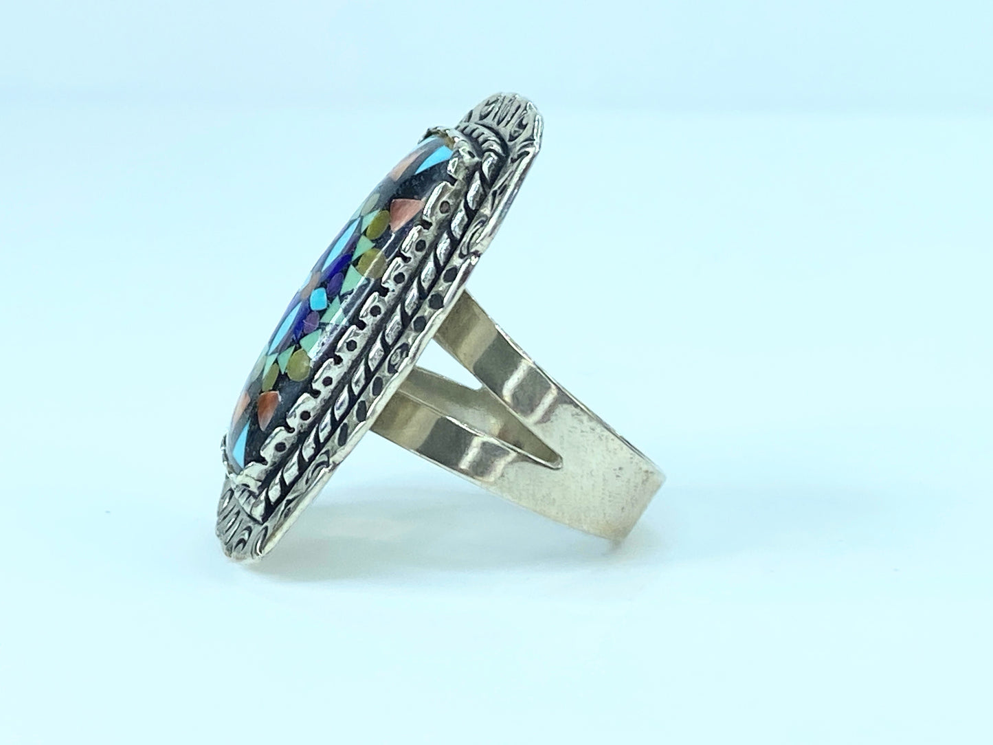 Navajo Indian Silver Colored Stone Inlay Ring signed JR8988