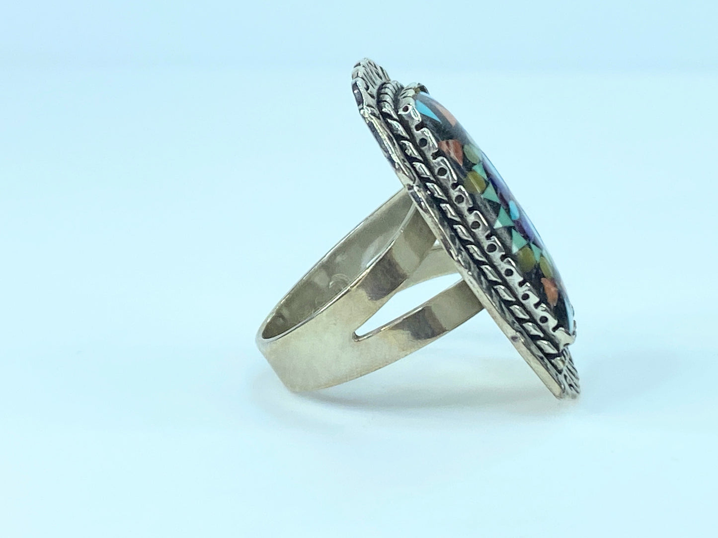 Navajo Indian Silver Colored Stone Inlay Ring signed JR8988