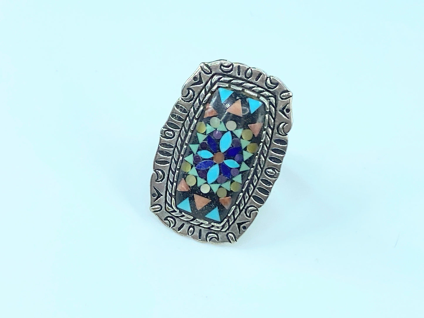 Navajo Indian Silver Colored Stone Inlay Ring signed JR8988