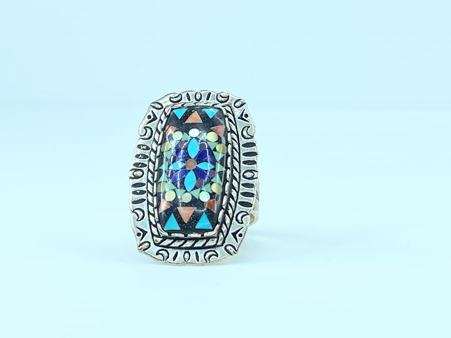 Navajo Indian Silver Colored Stone Inlay Ring signed JR8988