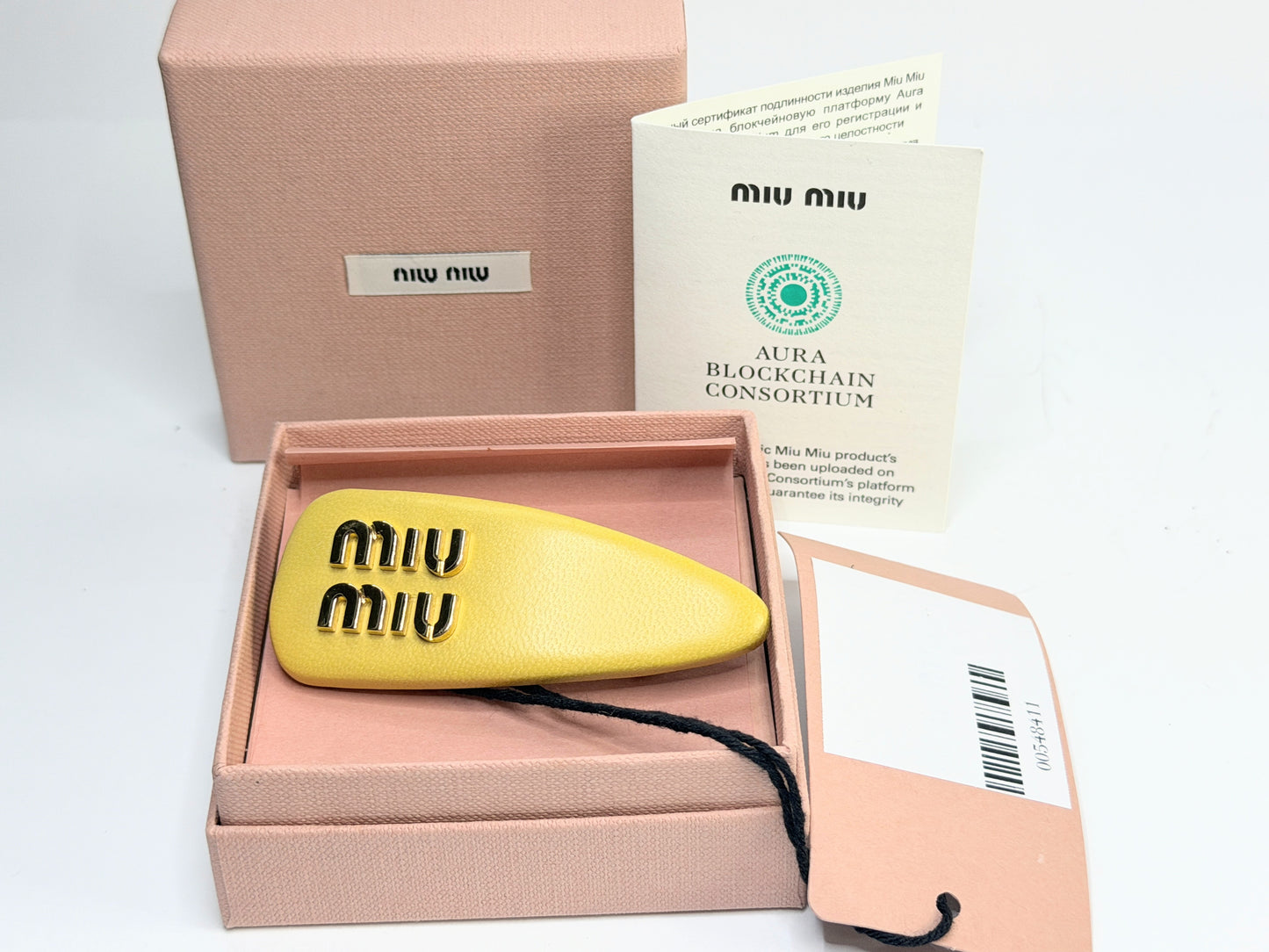 Authentic Yellow Leather Hair Barrette Gold Tone Hardware Italy NIB GS729