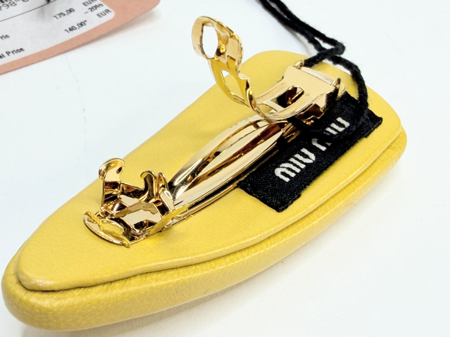 Authentic Yellow Leather Hair Barrette Gold Tone Hardware Italy NIB GS729