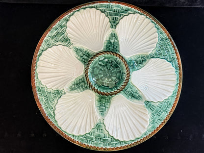 Antique French Majolica Oyster Plate Green Basketweave 9.5" Mint A1188
