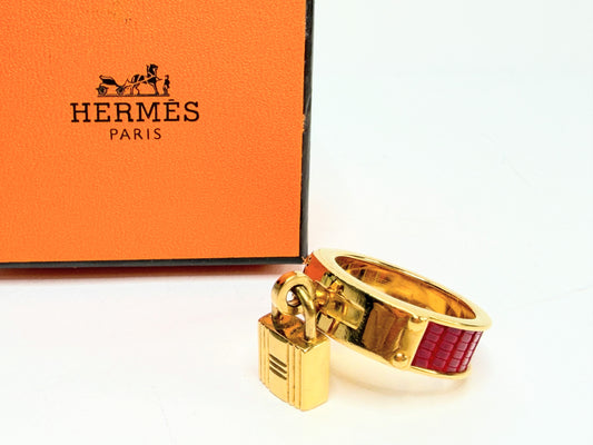 Vintage Hermes HERMES Kelly Cadena Scarf Ring Red x Gold H Muffler GS732