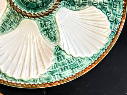 Antique French Majolica Oyster Plate Green Basketweave 9.5" Mint A1188