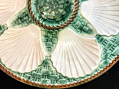 Antique French Majolica Oyster Plate Green Basketweave 9.5" Mint A1188