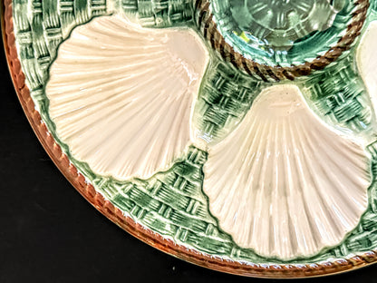 Antique French Majolica Oyster Plate Green Basketweave 9.5" Mint A1188
