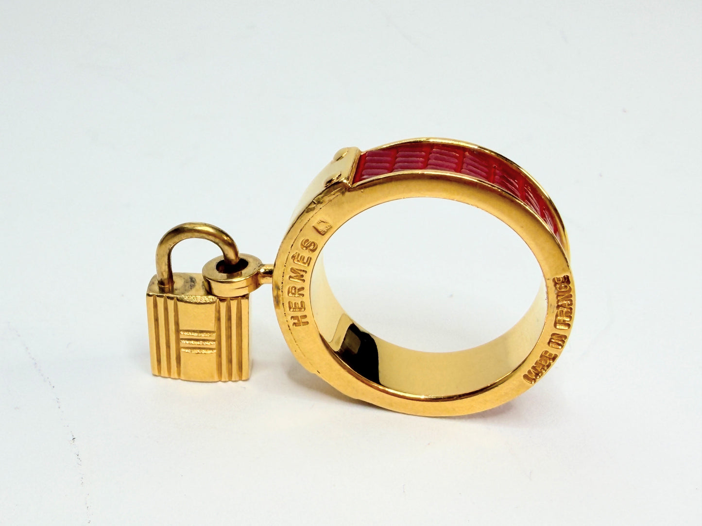 Vintage Hermes HERMES Kelly Cadena Scarf Ring Red x Gold H Muffler GS732