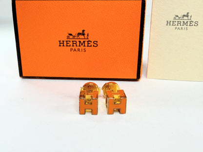 Vintage Hermes Cage d'H Gold Plated Red Lacquer Stud Earrings w/box Iconic GS733