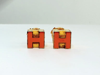 Vintage Hermes Cage d'H Gold Plated Red Lacquer Stud Earrings w/box Iconic GS733